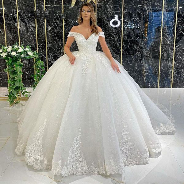 off shoulder lace ball gown wedding dress sparkly sequines appliqued court train corset back plus size bridal gowns vestidos de novia, White
off shoulder lace ball gown wedding dress sparkly sequines appliqued court train corset back plus size bridal gowns vestidos de novia, White