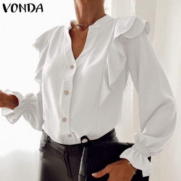 women's blouses & shirts spring flare sleeve blouse vonda women long button up elegant solid v neck pleated blusas, White
women's blouses & shirts spring flare sleeve blouse vonda women long button up elegant solid v neck pleated blusas, White