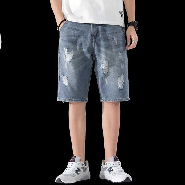 men's jeans summer denim shorts washed ripped loose straight light blue 
men's jeans summer denim shorts washed ripped loose straight light blue