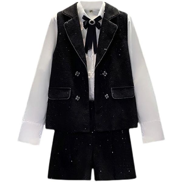 women's tracksuits plus size women autumn sets office ladies elegant french vintage suit bow collar blouse+notched vest+ wide leg short, Gray
women's tracksuits plus size women autumn sets office ladies elegant french vintage suit bow collar blouse+notched vest+ wide leg short, Gray
