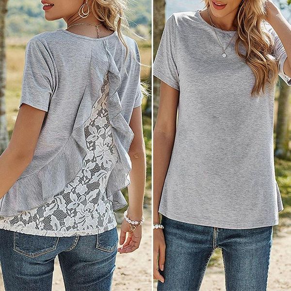 women's t-shirt summer solid color pullover loose round neck lace short sleeve, White
women's t-shirt summer solid color pullover loose round neck lace short sleeve, White