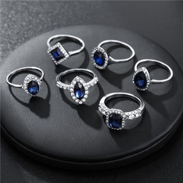 wedding rings gold full crystal set champagne blue stone ring for women metal charm bohemian fashion jewelry party gifts, Slivery;golden