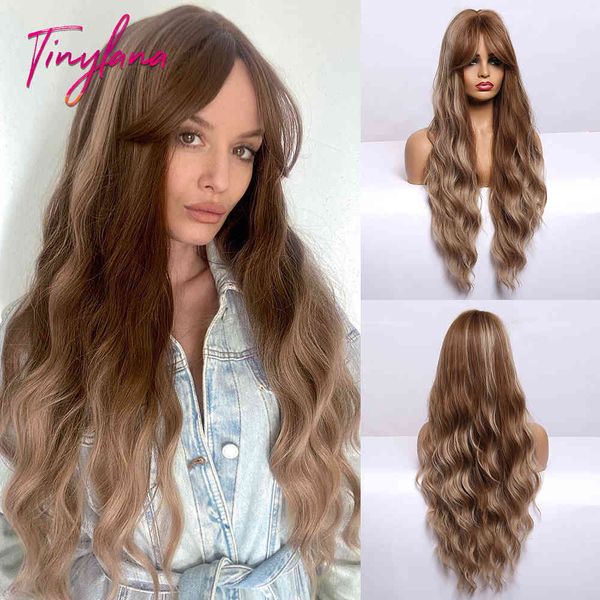 long water wavy golden brown blonde highlight synthetic with bangs wigs for women cosplay heat resistant fiber, Black 
long water wavy golden brown blonde highlight synthetic with bangs wigs for women cosplay heat resistant fiber, Black
