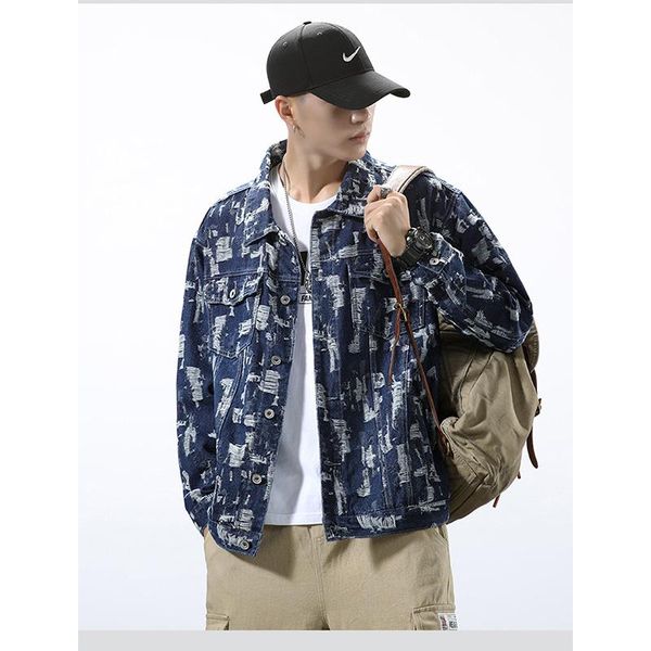 men's jackets spring and autumn fashion retro trend jacquard ripped denim jacket casual loose hip-hop single-breasted, Black;brown 
men's jackets spring and autumn fashion retro trend jacquard ripped denim jacket casual loose hip-hop single-breasted, Black;brown