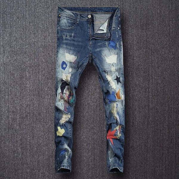 men's jeans european american street fashion men elastic slim fit ripped embroidery patch designer hip hop denim punk pants, Blue
men's jeans european american street fashion men elastic slim fit ripped embroidery patch designer hip hop denim punk pants, Blue