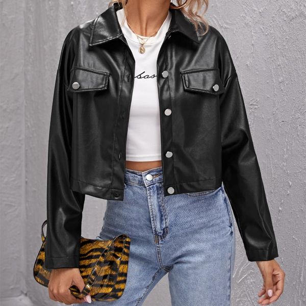 women's leather & faux 2021 fall/winter collection women clothing crop outwear buttons front drop shoulder dual flap pocket pu jacket, Black
women's leather & faux 2021 fall/winter collection women clothing crop outwear buttons front drop shoulder dual flap pocket pu jacket, Black
