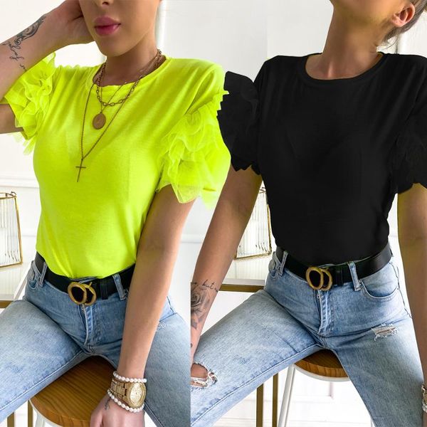 women's t-shirt solid color fluorescent green black women ruffle lace short sleeve ladies summer tshirt round neck female tee shirt d30, White
women's t-shirt solid color fluorescent green black women ruffle lace short sleeve ladies summer tshirt round neck female tee shirt d30, White