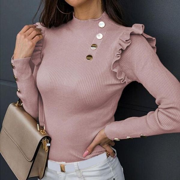 women's blouses & shirts blouse women female pullover autumn winter long sleeve knitwear rib ruffle buttons basic 2021, White 
women's blouses & shirts blouse women female pullover autumn winter long sleeve knitwear rib ruffle buttons basic 2021, White