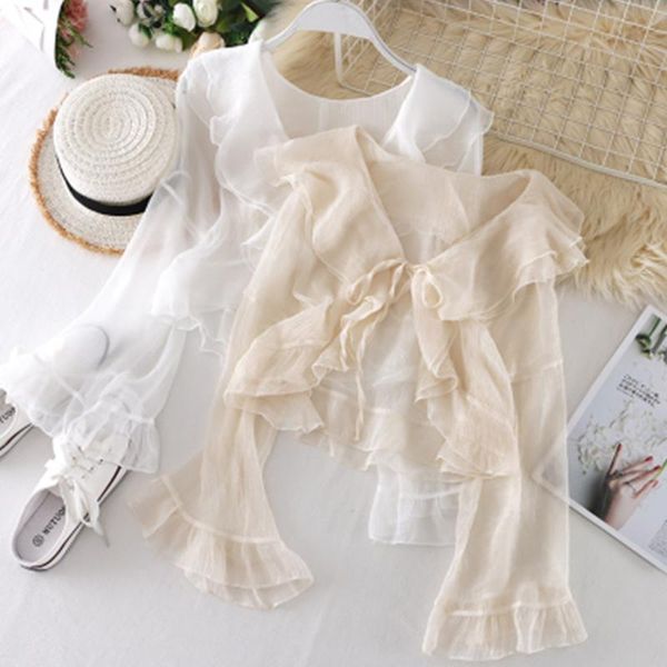 women's blouses & shirts 2021 summer style trumpet sleeves ruffled lace-up short sun protection shirt with skirt in a small shawl, White
women's blouses & shirts 2021 summer style trumpet sleeves ruffled lace-up short sun protection shirt with skirt in a small shawl, White