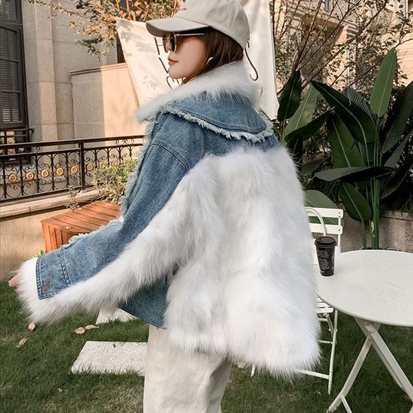 women's fur & faux thicken winter women denim jacket with real coat casual long sleeve short collar outerwear loose style overcoat, Black
women's fur & faux thicken winter women denim jacket with real coat casual long sleeve short collar outerwear loose style overcoat, Black