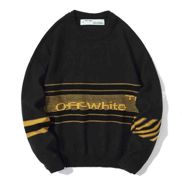 white off 2022 autumn and winter new old striped letter knitted sweater men women, Black
white off 2022 autumn and winter new old striped letter knitted sweater men women, Black