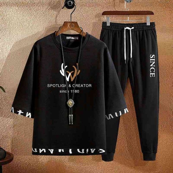 21 new men's t-shirt short sleeve summer large two piece loose leisure sports trend one suit, White;black
21 new men's t-shirt short sleeve summer large two piece loose leisure sports trend one suit, White;black