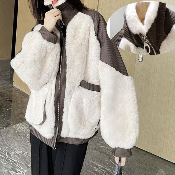 women's fur & faux 2021 autumn winter imitation jackets female rex coats ladies stand collar patchwork outwear u876, Black
women's fur & faux 2021 autumn winter imitation jackets female rex coats ladies stand collar patchwork outwear u876, Black