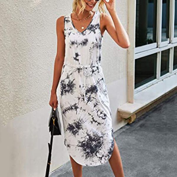 summer fashion women's dress casual v-collar sleeveless dames jurken side slit drawstring waist mid-length women #t4g dresses, Black;gray
summer fashion women's dress casual v-collar sleeveless dames jurken side slit drawstring waist mid-length women #t4g dresses, Black;gray