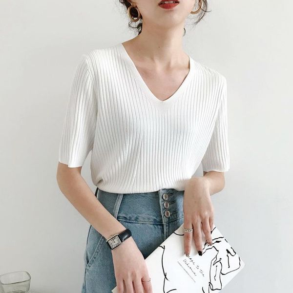 women's t-shirt 2021 spring elegant sweet solid causal pull jumpers y2k korean knitted summer women v-neck short sleeve knitwear, White
women's t-shirt 2021 spring elegant sweet solid causal pull jumpers y2k korean knitted summer women v-neck short sleeve knitwear, White