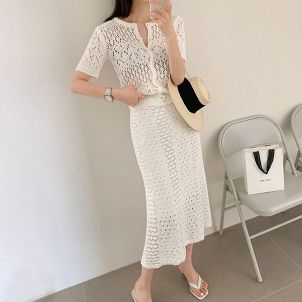women summer 2 piece sets womens o-neck cardigan short sleeve hollow out + korean elegnat knitted long skirts sweater suit 210514, White
women summer 2 piece sets womens o-neck cardigan short sleeve hollow out + korean elegnat knitted long skirts sweater suit 210514, White