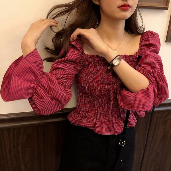 women's blouses & shirts short off-shoulder plaid shirt 2021 style slim square collar bell sleeve, White
women's blouses & shirts short off-shoulder plaid shirt 2021 style slim square collar bell sleeve, White