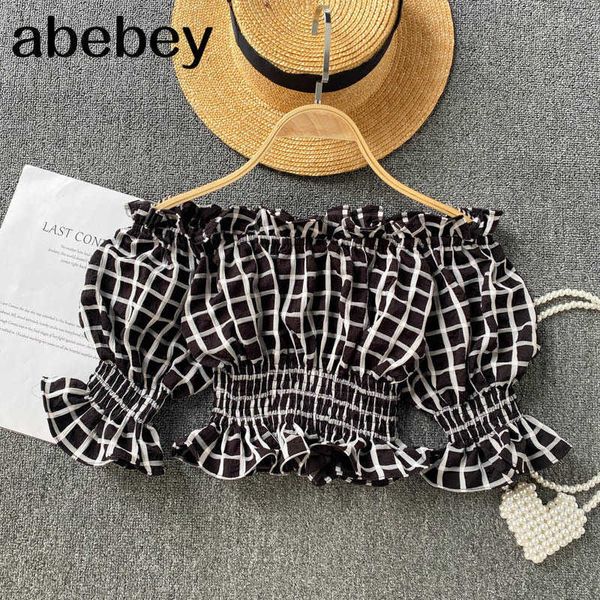 design plaid print strapless blouse women elastic ruched flared sleeve slim summer off shoulder short blouse 210715, White
design plaid print strapless blouse women elastic ruched flared sleeve slim summer off shoulder short blouse 210715, White