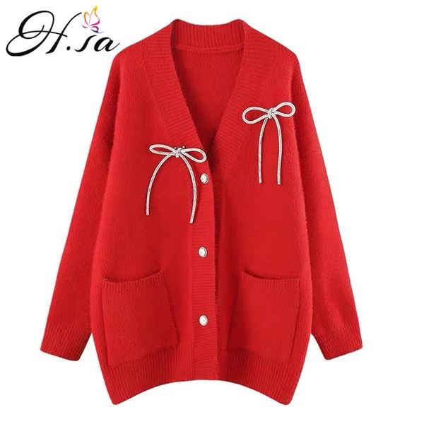 h.sa women jumpers red bow tie oversized sweater coat polyester cardigans casual solid sweaters knit 210417, White;black
h.sa women jumpers red bow tie oversized sweater coat polyester cardigans casual solid sweaters knit 210417, White;black