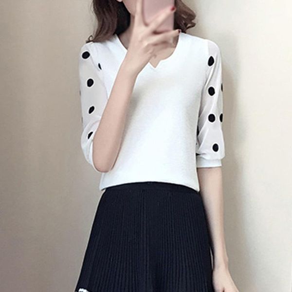 women's t-shirt summer korean style literature simple all-match slim chiffon dot print short-sleeved top, White
women's t-shirt summer korean style literature simple all-match slim chiffon dot print short-sleeved top, White