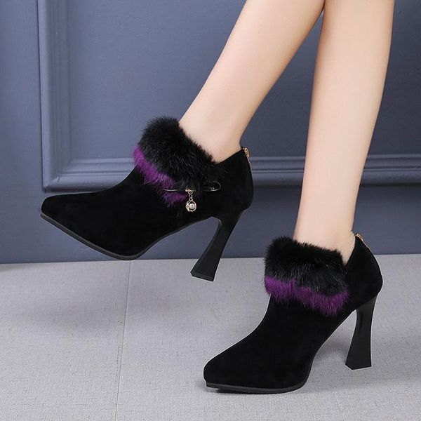 boots furry super high heel suede women plus plush pointed toe ankle winter warm short booties for 9 cm, Black
boots furry super high heel suede women plus plush pointed toe ankle winter warm short booties for 9 cm, Black