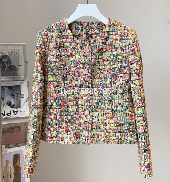 women's wool & blends 2021 autumn fashion colorful plaid weaving tweed jacket women o-neck long sleeve single breasted vintage coat out, Black 
women's wool & blends 2021 autumn fashion colorful plaid weaving tweed jacket women o-neck long sleeve single breasted vintage coat out, Black