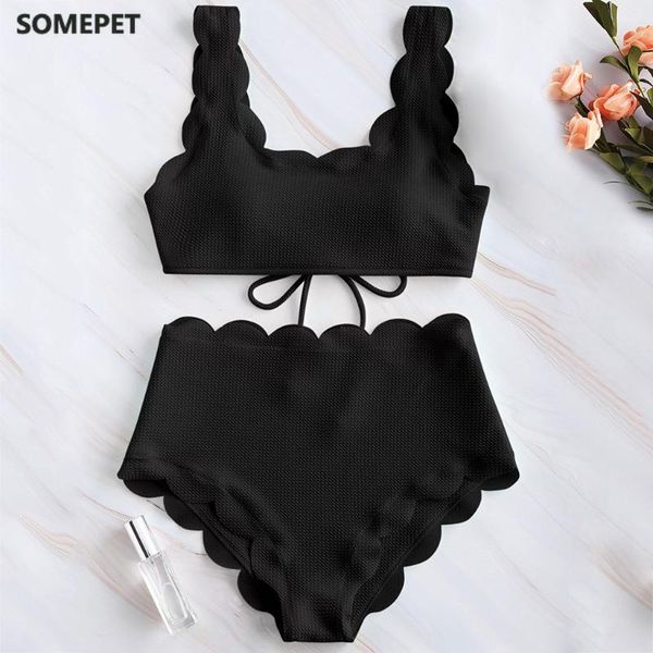 women's swimwear women scalloped textured high waisted bikini set solid two pieces beach bathing suits lace biquinis, White;black
women's swimwear women scalloped textured high waisted bikini set solid two pieces beach bathing suits lace biquinis, White;black