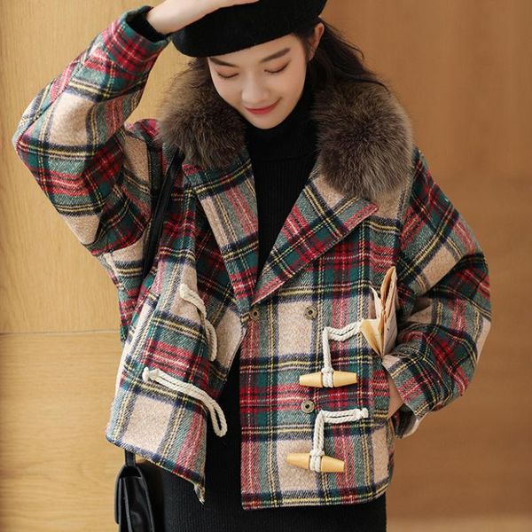 women's wool & blends autumn winter woole coat fashion horn button blended woolen plaid jacket large size loose casual short outwear fe, Black
women's wool & blends autumn winter woole coat fashion horn button blended woolen plaid jacket large size loose casual short outwear fe, Black
