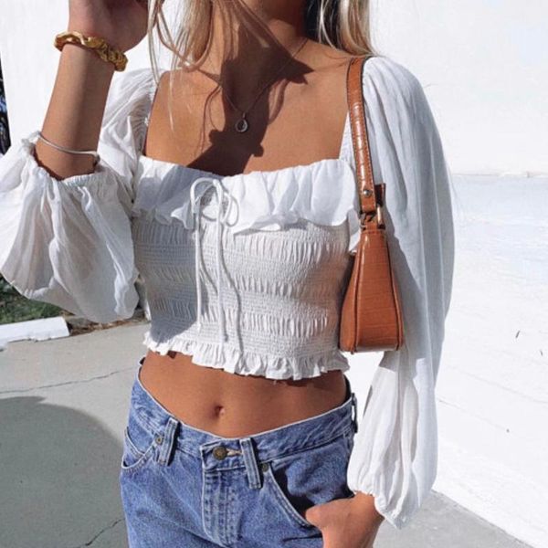women's blouses & shirts fall 2021 ruffle blouse shirt women summer long sleeve crop vintage elegant ruched square neck, White
women's blouses & shirts fall 2021 ruffle blouse shirt women summer long sleeve crop vintage elegant ruched square neck, White