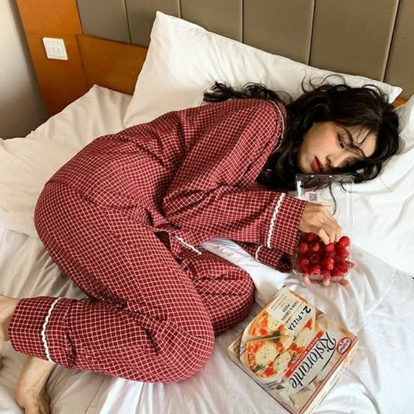 pajama sets women home fashion turn-down collar single breasted patchwork trousers female soft korean style sweet sleepwear, Black;red
pajama sets women home fashion turn-down collar single breasted patchwork trousers female soft korean style sweet sleepwear, Black;red