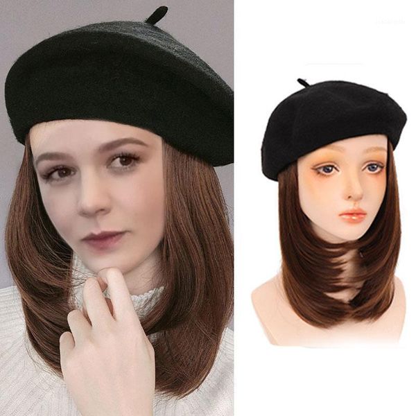 black / brown hort straight wig hair wigs for women with beret naturally connect false girl party hat berets, Blue;gray
black / brown hort straight wig hair wigs for women with beret naturally connect false girl party hat berets, Blue;gray