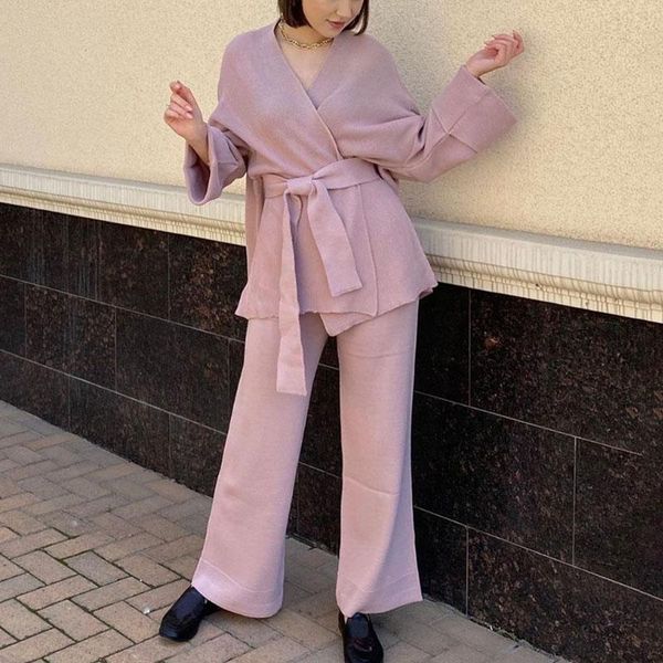 women's two piece pants floy fashion casual knitted suits women elegant v neck tie belt cardigan suit full length wide leg ladies, White 
women's two piece pants floy fashion casual knitted suits women elegant v neck tie belt cardigan suit full length wide leg ladies, White