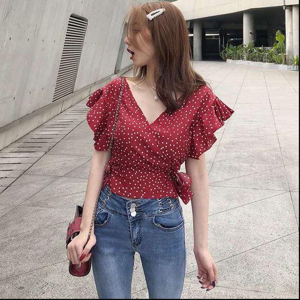 ruffles chiffon dot print women shirts v neck short sleeve lace up wholesale y5, White
ruffles chiffon dot print women shirts v neck short sleeve lace up wholesale y5, White