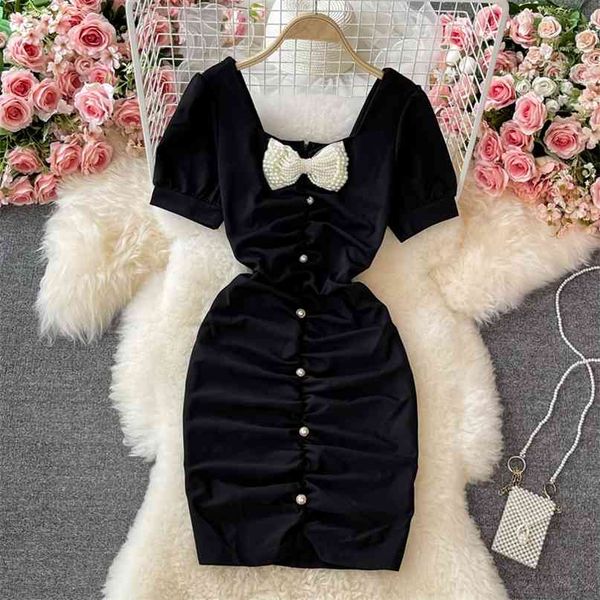 summer women black mini bodycon dress korean fashion square collar short sleeve pearls bow decoration ruched party 210603, Black;gray 
summer women black mini bodycon dress korean fashion square collar short sleeve pearls bow decoration ruched party 210603, Black;gray