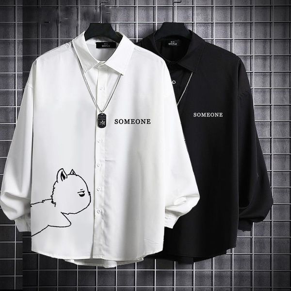 men's dress shirts spring and autumn long sleeve shirt loose korean fashion handsome big size cat print casual coat, White;black
men's dress shirts spring and autumn long sleeve shirt loose korean fashion handsome big size cat print casual coat, White;black