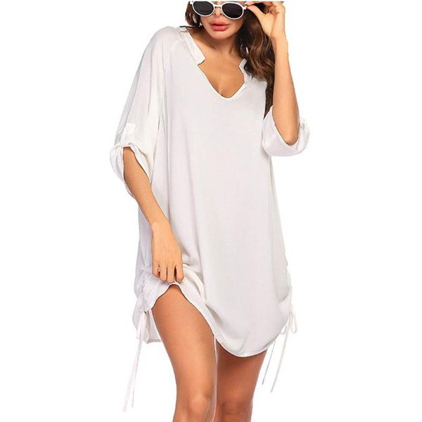 women beach cover-ups dress swimwear casual loose solid color v-neck drawstring beachwear for summer seaside women's, White;black
women beach cover-ups dress swimwear casual loose solid color v-neck drawstring beachwear for summer seaside women's, White;black