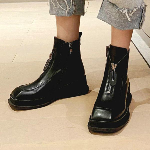 boots genuine leather shoes woman working casual women ankle retro wedges heels platform concise front zipper ladies, Black
boots genuine leather shoes woman working casual women ankle retro wedges heels platform concise front zipper ladies, Black