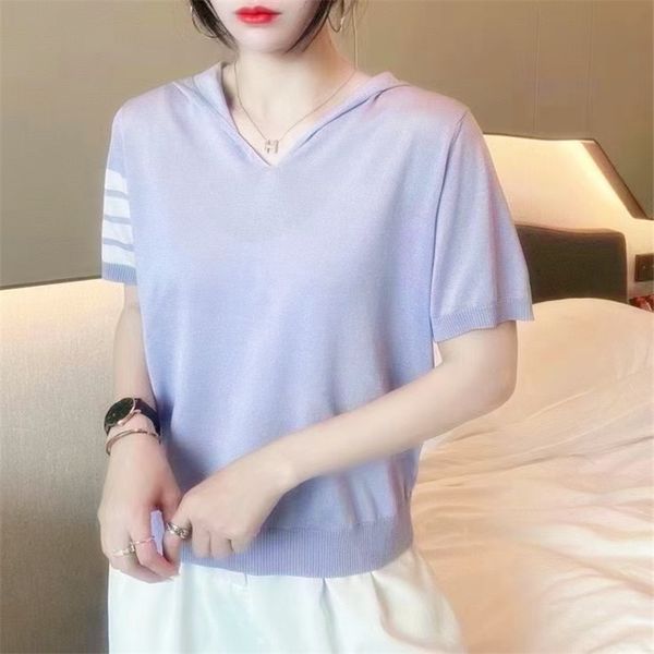 summer new tb style thin ice hemp four bar pullover hooded short sleeve sweater women's top, White
summer new tb style thin ice hemp four bar pullover hooded short sleeve sweater women's top, White