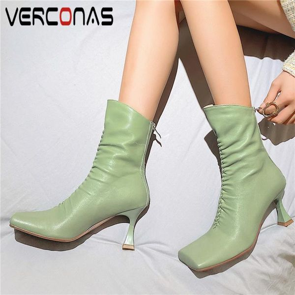 boots verconas concise women genuine leather ankle autumn winter pleated shoes woman square toe high heels, Black 
boots verconas concise women genuine leather ankle autumn winter pleated shoes woman square toe high heels, Black