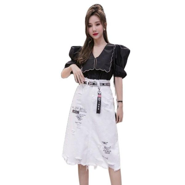 skirts summer female denim skirt broken-hole high-waisted edge belt patch pocket, Black
skirts summer female denim skirt broken-hole high-waisted edge belt patch pocket, Black