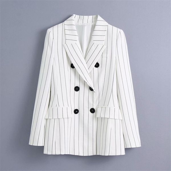 women fashion double breasted striped print casual blazer coat vintage femme long sleeve pocket outerwear chic 210514, White;black
women fashion double breasted striped print casual blazer coat vintage femme long sleeve pocket outerwear chic 210514, White;black