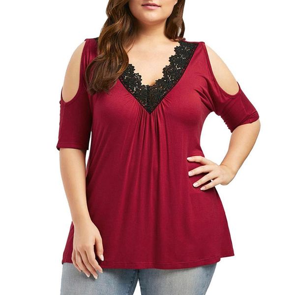 plus size t-shirt women 5xl tunic summer short sleeve deep v neck lace patchwork elegant cold shoulder female solid pleated top, Black
plus size t-shirt women 5xl tunic summer short sleeve deep v neck lace patchwork elegant cold shoulder female solid pleated top, Black