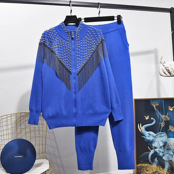 women's two piece pants autumn set heavy riveting nail tassel knitted cardigan jacket+knit suit women luxury 2pcs, White
women's two piece pants autumn set heavy riveting nail tassel knitted cardigan jacket+knit suit women luxury 2pcs, White