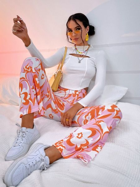 allover floral print flare leg pants m8yn#, Black;white