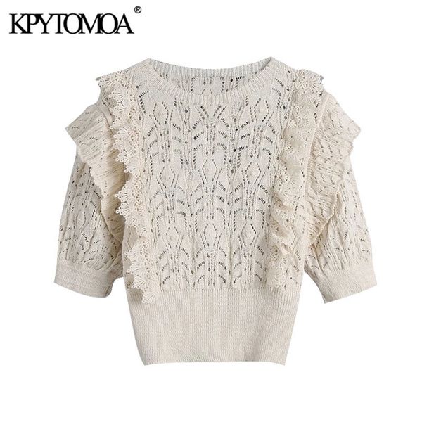 women fashion with ruffle trims cropped knitted sweater vintage o neck short sleeve female pullover chic 210420, White;black 
women fashion with ruffle trims cropped knitted sweater vintage o neck short sleeve female pullover chic 210420, White;black