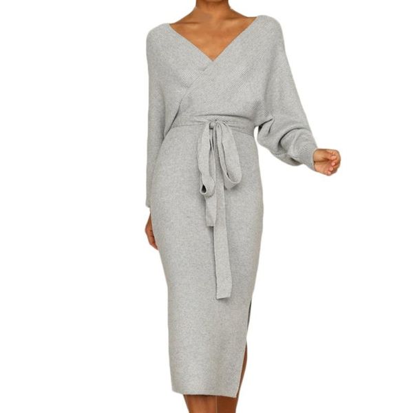 women autumn winter dress v neck high waist side split bandage slim casual solid elegant feme dresses, Black;gray
women autumn winter dress v neck high waist side split bandage slim casual solid elegant feme dresses, Black;gray