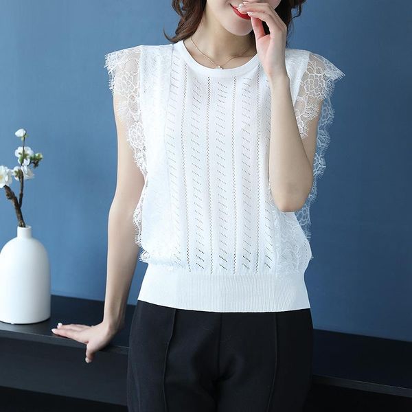 women's blouses & shirts women lace summer female o-neck hollow knit blouse shirt sleeveless, White
women's blouses & shirts women lace summer female o-neck hollow knit blouse shirt sleeveless, White