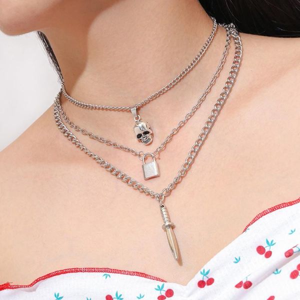 pendant necklaces 3 pcs/set punk skull choker necklace for women men fashion lock sword multilayer set creative jewelry gifts, Silver
pendant necklaces 3 pcs/set punk skull choker necklace for women men fashion lock sword multilayer set creative jewelry gifts, Silver