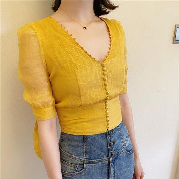 women's shirt yellow short sleeve style summer blouse v neck single breasted silk sweet chemisier blouses & shirts, White
women's shirt yellow short sleeve style summer blouse v neck single breasted silk sweet chemisier blouses & shirts, White