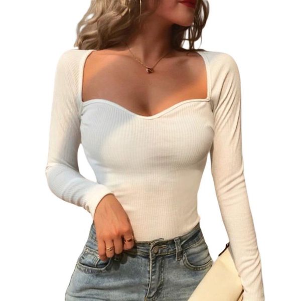 woman's fashionable solid color kitted v-neck low-cut long sleeve slim base t-shirt, daily life women's t-shirt, White
woman's fashionable solid color kitted v-neck low-cut long sleeve slim base t-shirt, daily life women's t-shirt, White